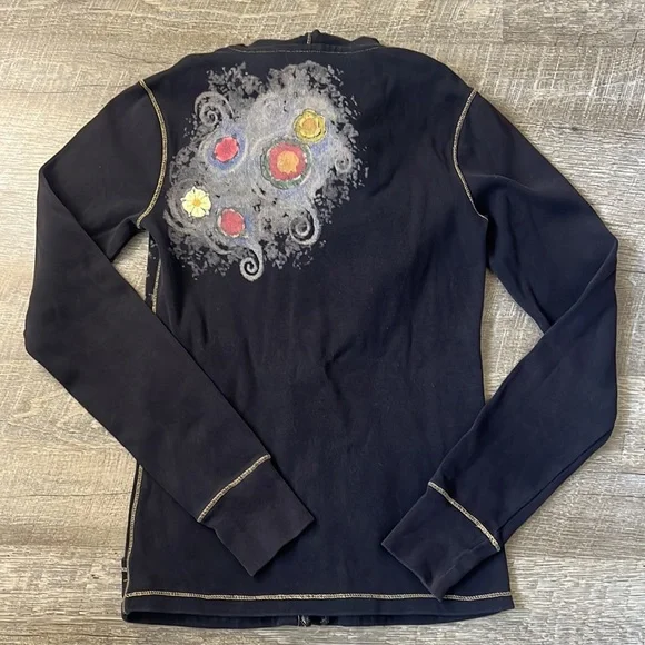 Lucky Brand Hoodie Full Zip Koi Fish Graphic Embroidery Floral Y2K Black Size S